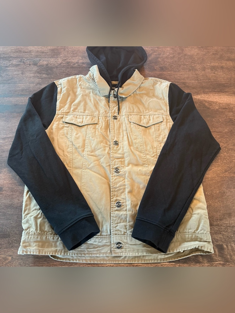 Men's Two-Tone Hooded Jacket - Black Sleeves, Khaki Body